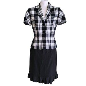 Tahari ASL Linen Blend Short Sleeve Plaid Black & White Skirt Suit Size 4